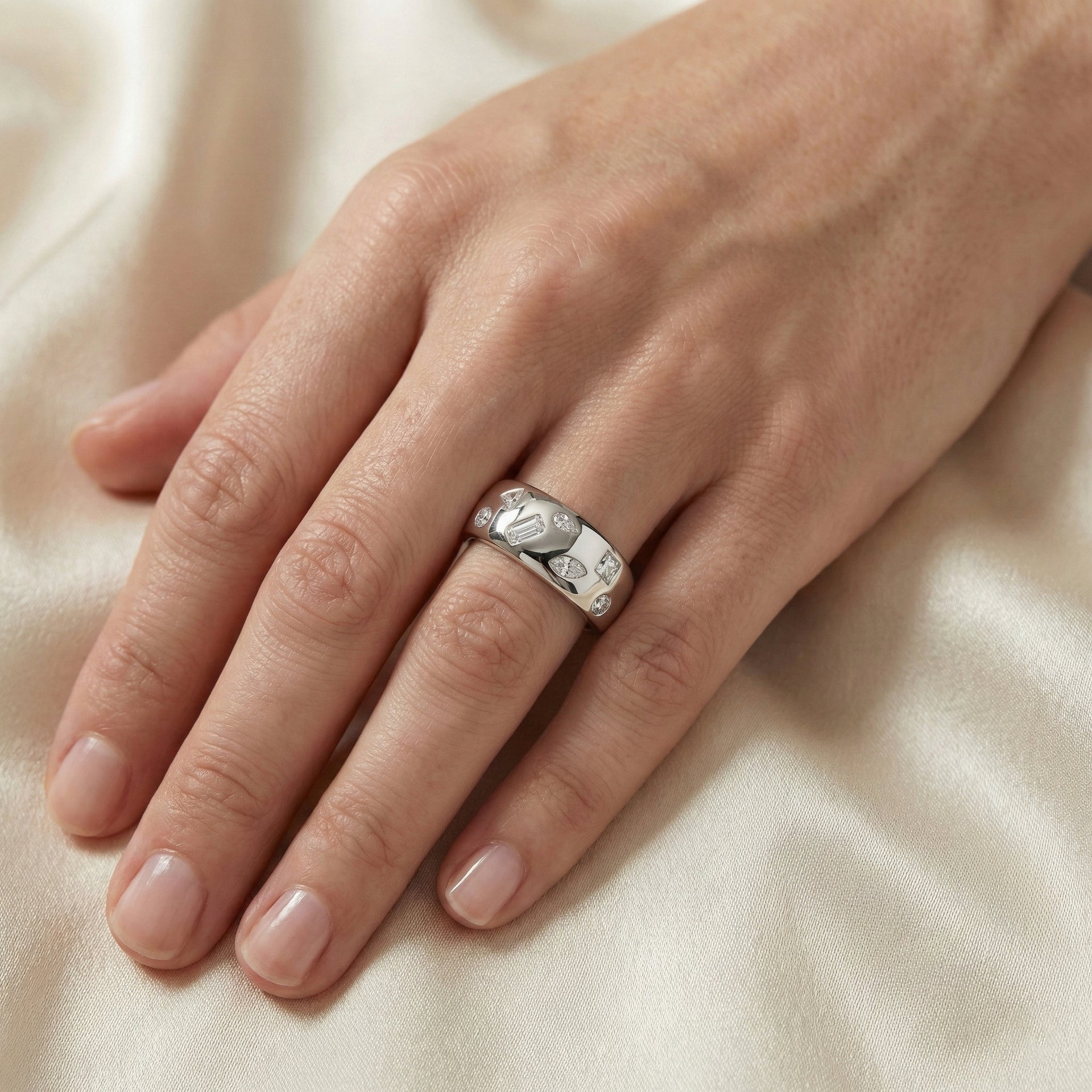 D'Joy Multi Cut Moissanite Wide Band Ring in Rhodium Overlay Sterling Silver V32490626 3