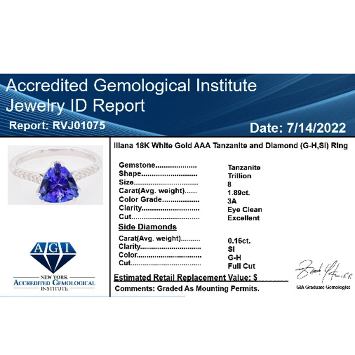 Iliana 18K W Gold AAA Tanzanite, White Diamond SI Ring, Gold Wt.2.8 Gms  2.050  Ct. 8375309 8