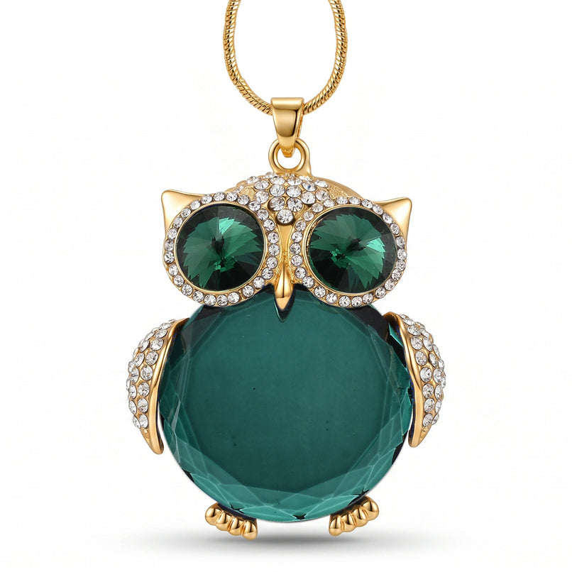 Green & White Crystal Owl Pendant With Snake Necklace (Size - 28+2 Ext) With Lobster Clasp_8375340