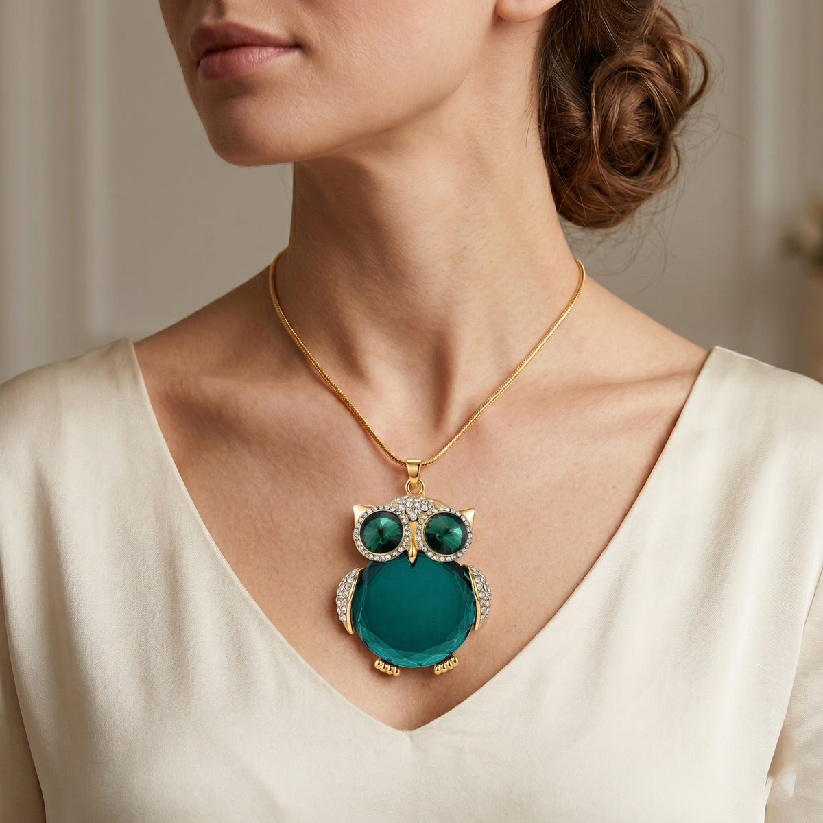 Green &amp; White Crystal Owl Pendant With Snake Necklace (Size - 28+2 Ext) With Lobster Clasp 8375340 2