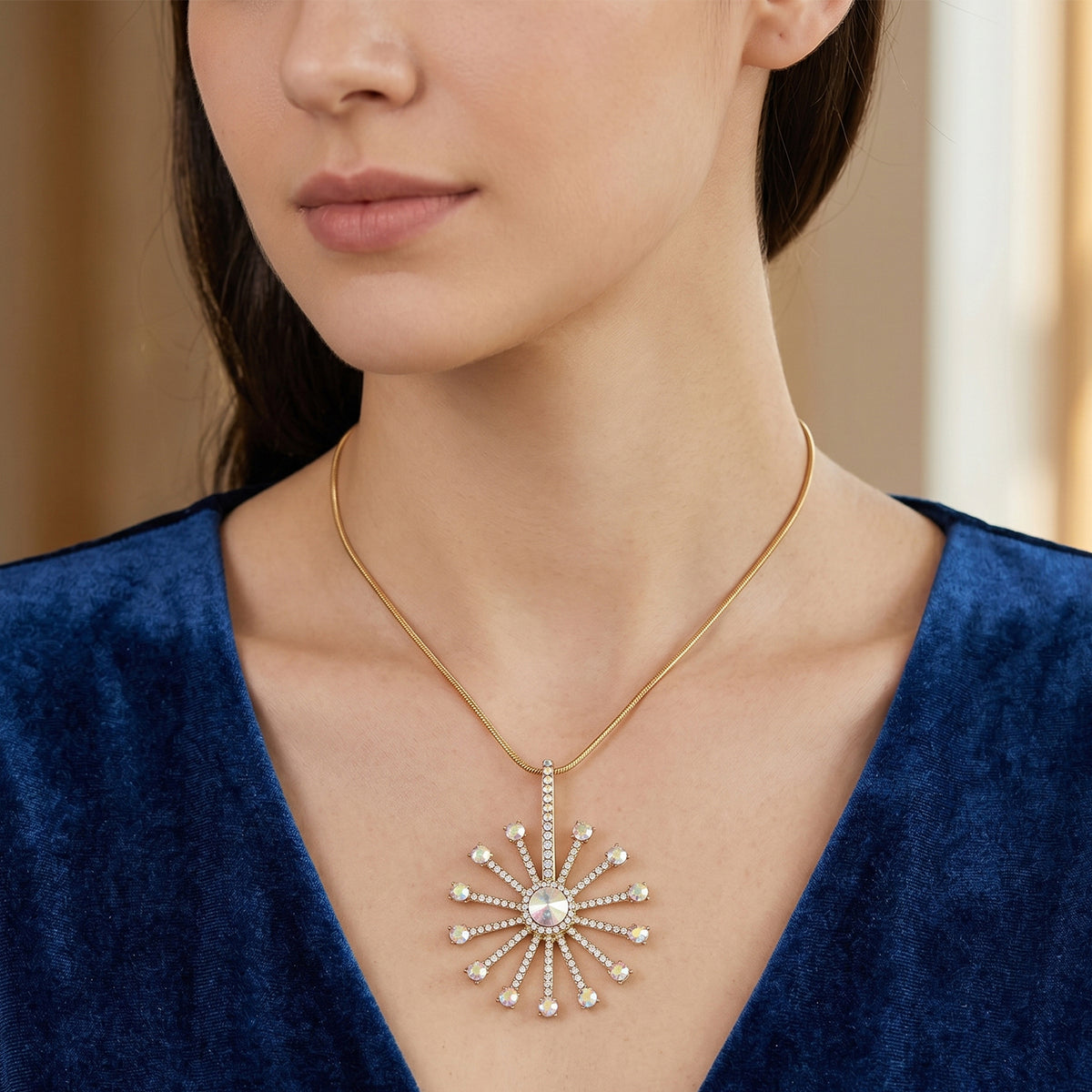 Simulated Mystic White Crystal Sunburst Pattern Necklace (Size - 28+2 Ext) V32514488 2
