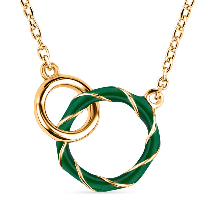 Yellow Gold Plated Sterling Silver Green Enamel Double Ring Interlock Necklace (Size 17-1 Ext) 8376228 1