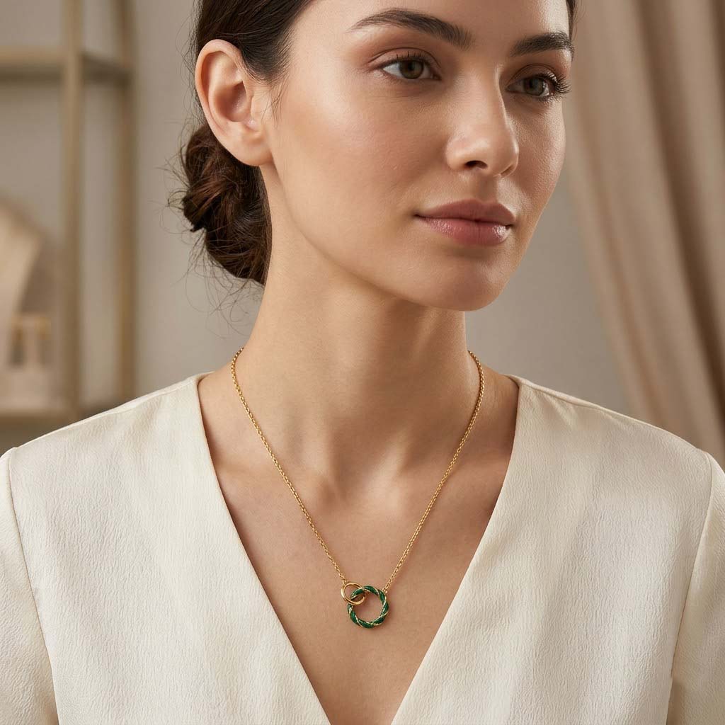 Yellow Gold Plated Sterling Silver Green Enamel Double Ring Interlock Necklace (Size 17+1 Ext)_8376228_1