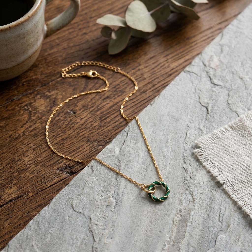Yellow Gold Plated Sterling Silver Green Enamel Double Ring Interlock Necklace (Size 17+1 Ext) 8376228 2