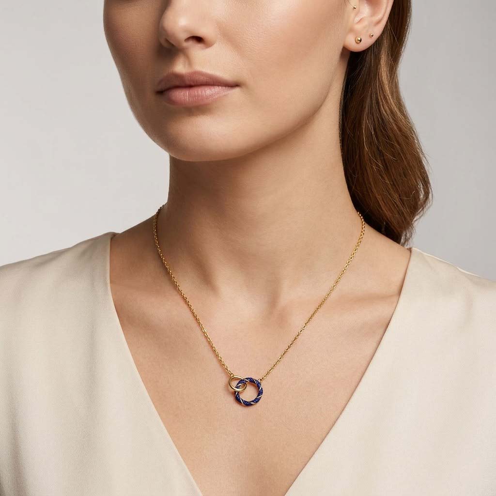 Sterling Silver Blue Enamelled Double Ring Necklace (Size 17 + 1 Ext) in Yellow Gold Plated 8376230 1