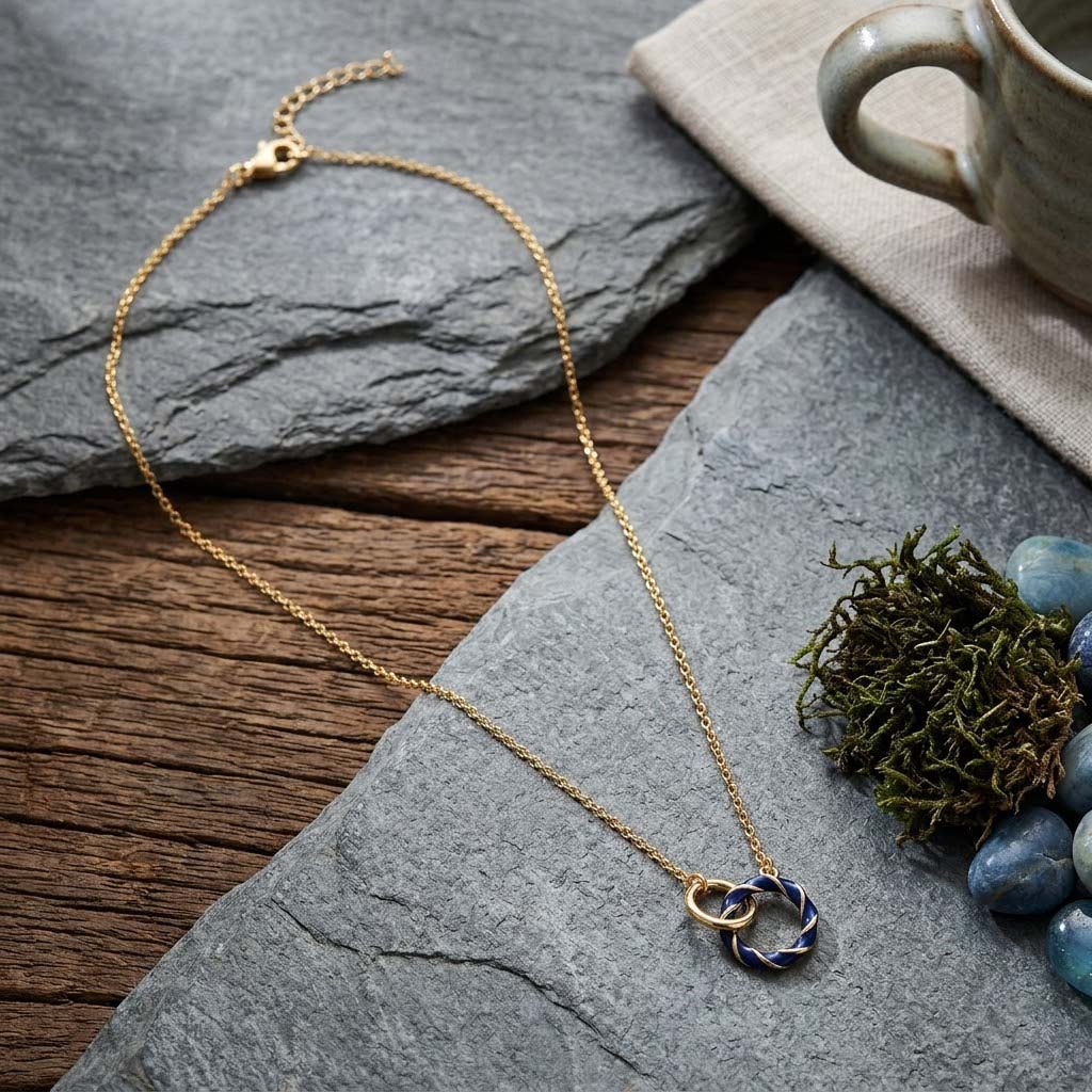 Sterling Silver Blue Enamelled Double Ring Necklace (Size 17 + 1 Ext) in Yellow Gold Plated_8376230_2