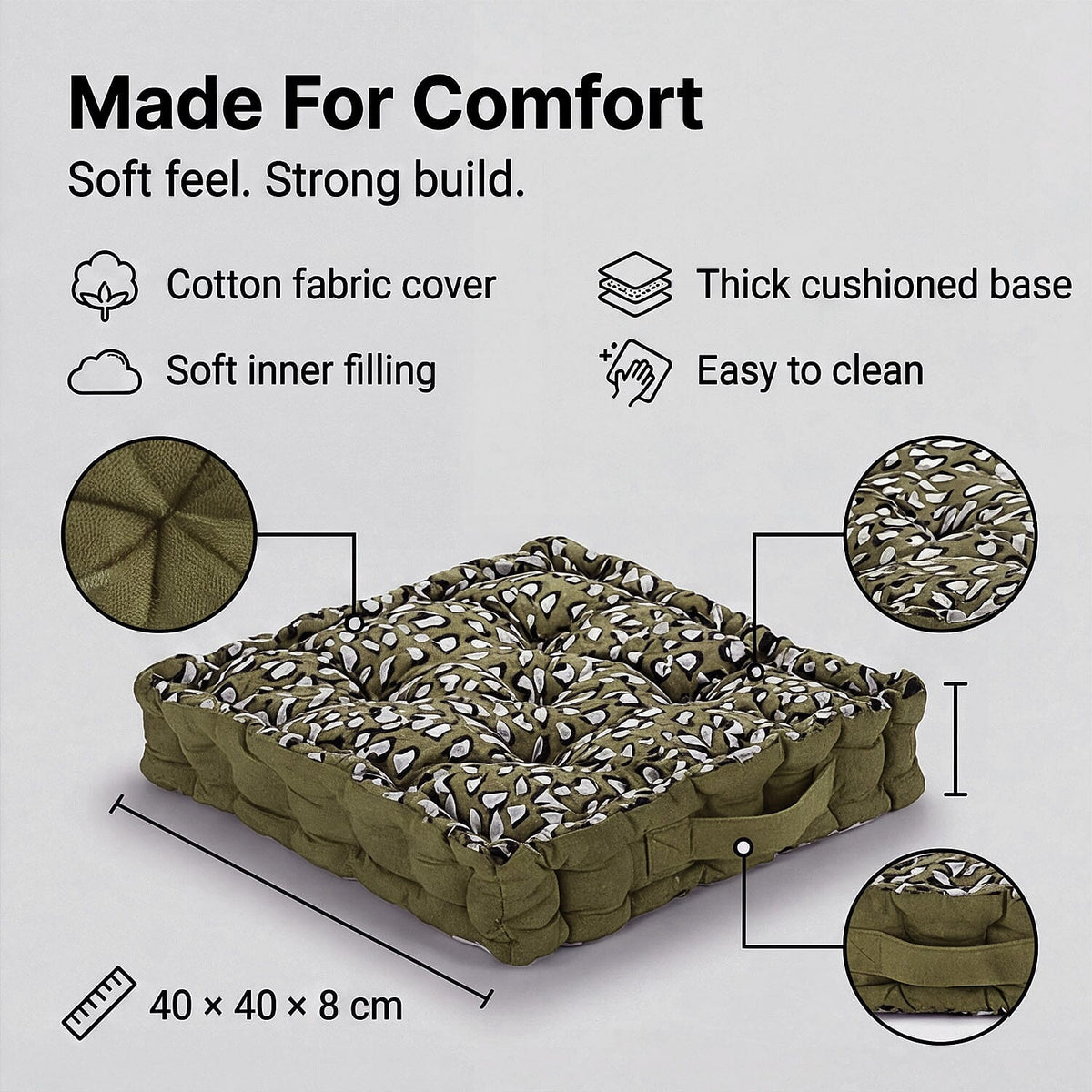Bliss &amp; Beyond Set of 2 Cotton Printed Floor Cushion (40x40x8 cm) - Green V32603255 3