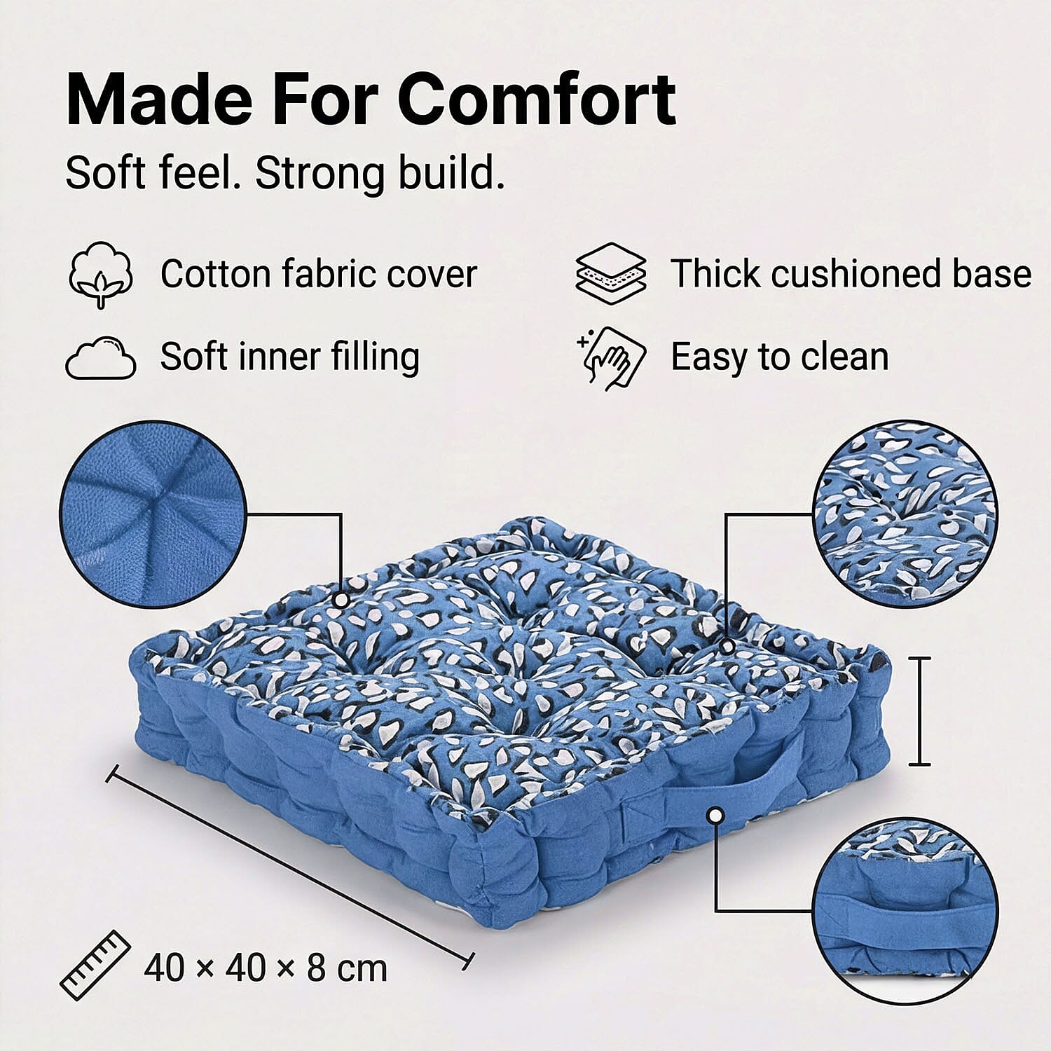 Bliss &amp; Beyond Set of 2 Cotton Printed Floor Cushion (40x40x8 cm) - Blue V32513231 3