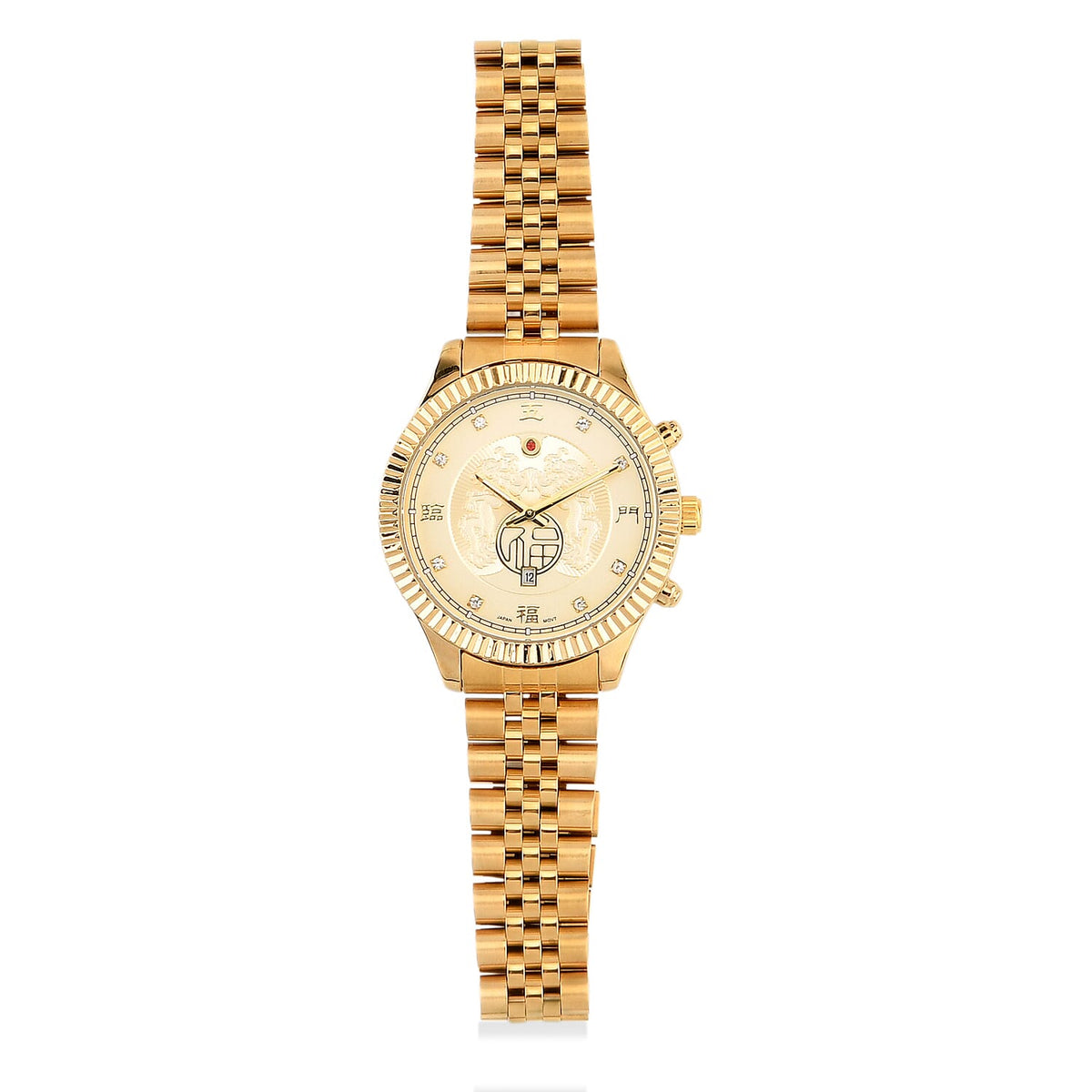 GENOA TIME V2 Miyota 2115 Quartz 3ATM WR Dragon Pattern &amp; Crystal Dial &amp; Gold Case Mens Watch with Gold Stainless Steel Strap V32572653 0