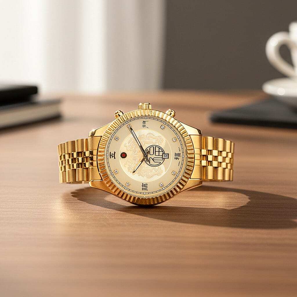 GENOA TIME V2 Miyota 2115 Quartz 3ATM WR Dragon Pattern &amp; Crystal Dial &amp; Gold Case Mens Watch with Gold Stainless Steel Strap V32572653 2
