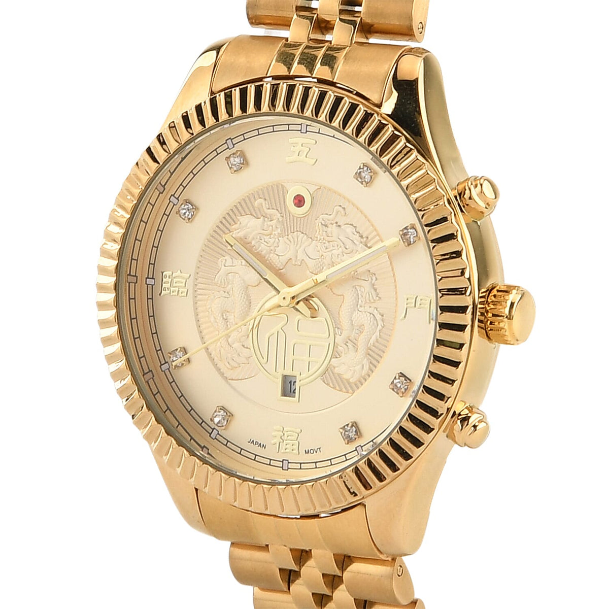 GENOA TIME V2 Miyota 2115 Quartz 3ATM WR Dragon Pattern &amp; Crystal Dial &amp; Gold Case Mens Watch with Gold Stainless Steel Strap V32572653 5