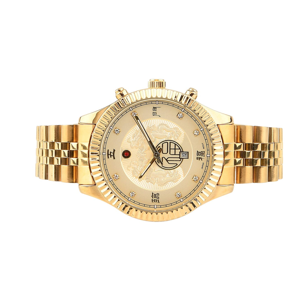 GENOA TIME V2 Miyota 2115 Quartz 3ATM WR Dragon Pattern &amp; Crystal Dial &amp; Gold Case Mens Watch with Gold Stainless Steel Strap V32572653 6