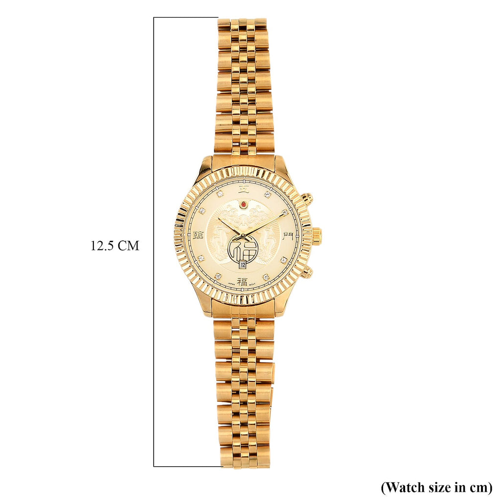 GENOA TIME V2 Miyota 2115 Quartz 3ATM WR Dragon Pattern & Crystal Dial & Gold Case Mens Watch with Gold Stainless Steel Strap_8376691_8