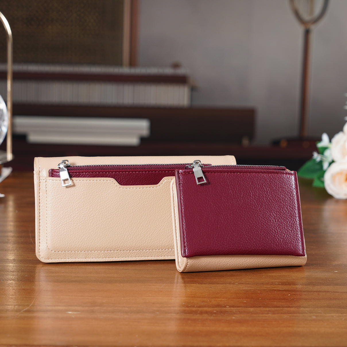 La Marey - Set of 2 RFID Blocking Wallet &amp; Card Holder - Khaki &amp; Burgundy 8377008 1
