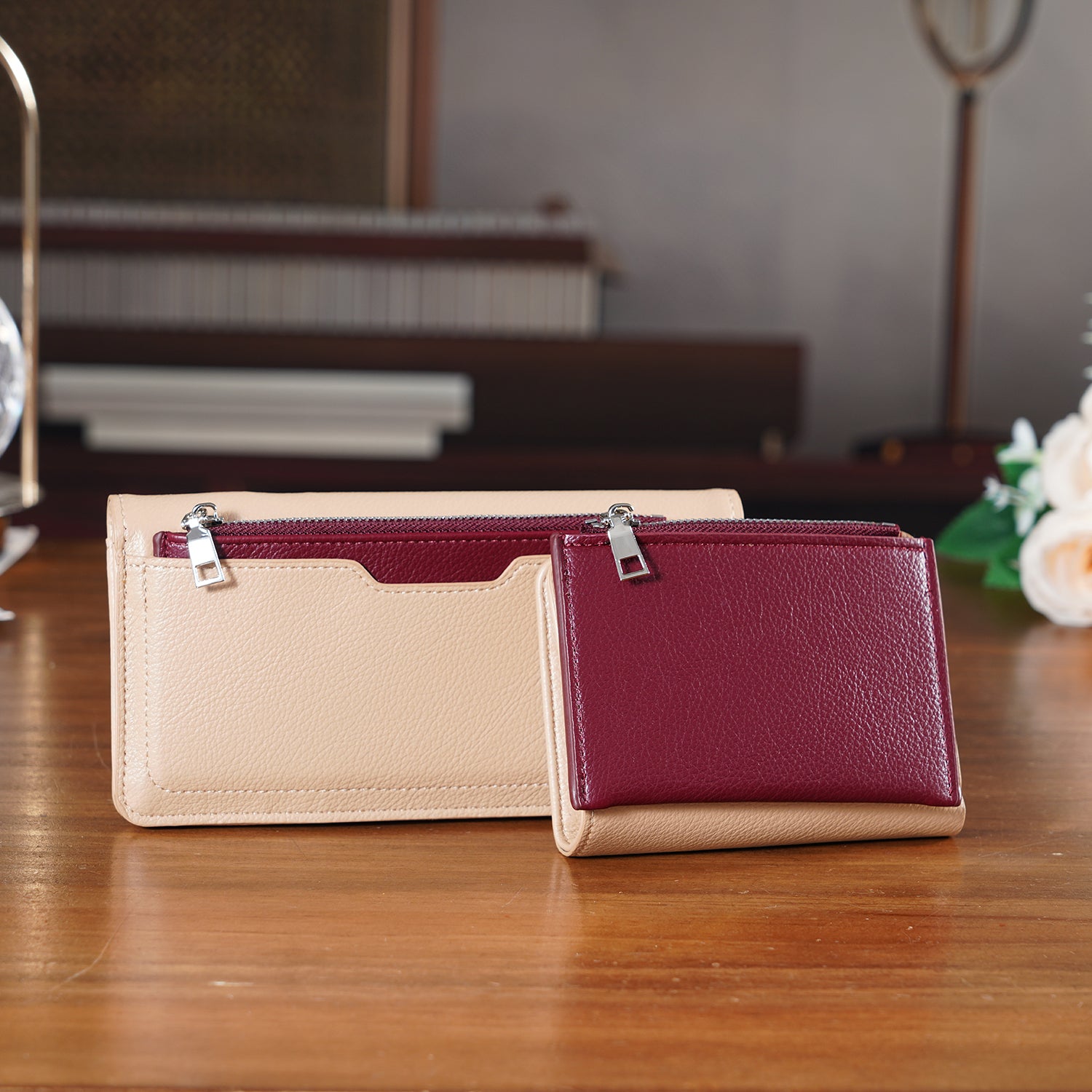 La Marey - Set of 2 RFID Blocking Wallet &amp; Card Holder - Khaki &amp; Burgundy 8377008 1