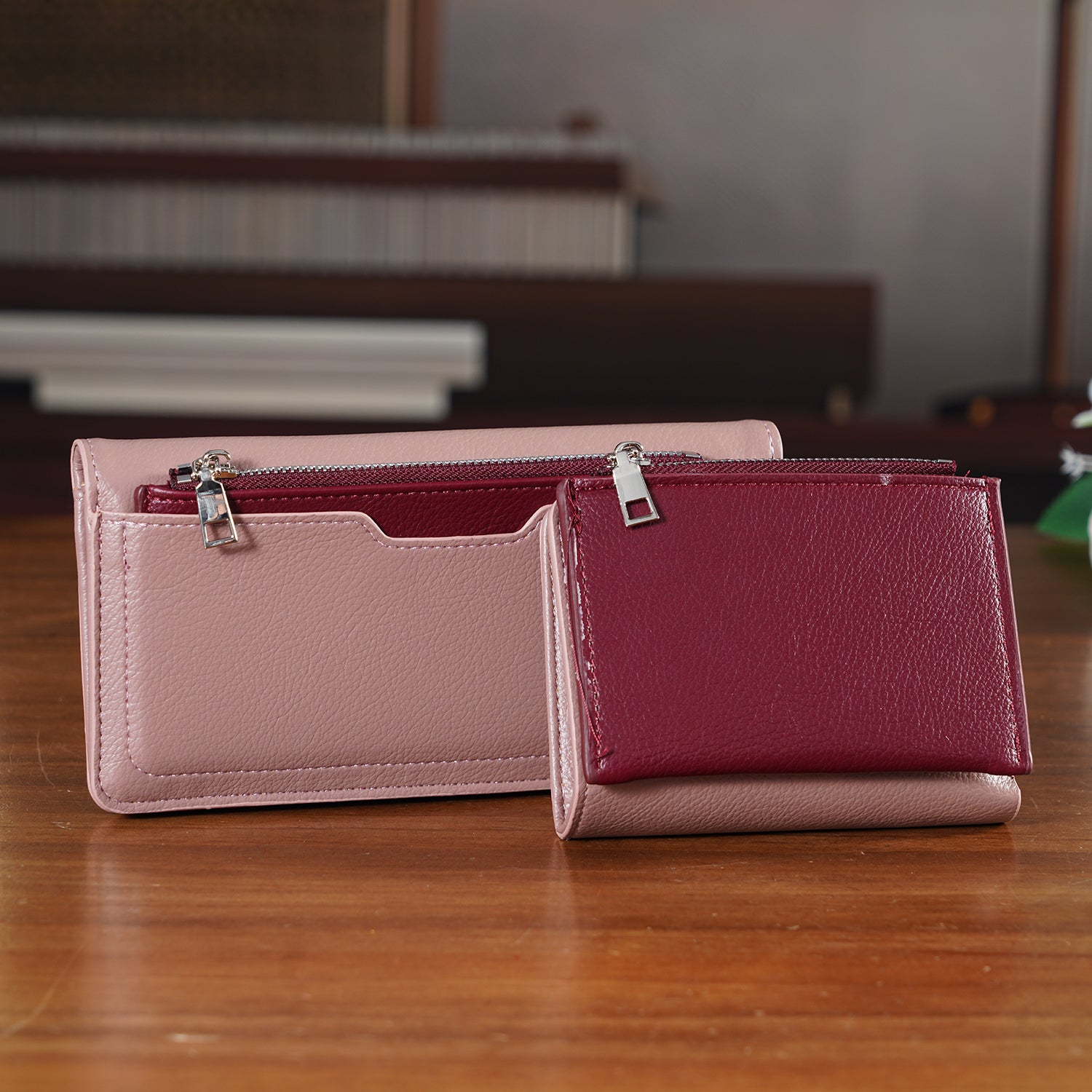 La Marey - Set of 2 RFID Blocking Wallet &amp; Card Holder - Mauve &amp; Burgundy 8377011 1