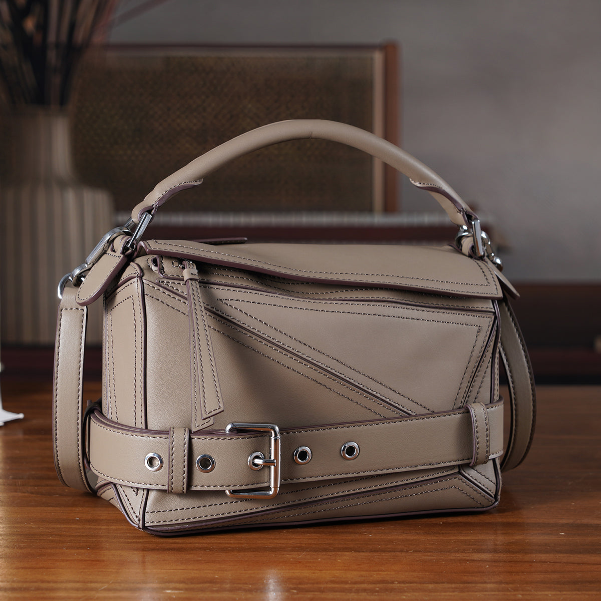 Designer Inspired - Genuine Leather Geometric Panel Handbag with 2 Detachable Straps V32653916 2