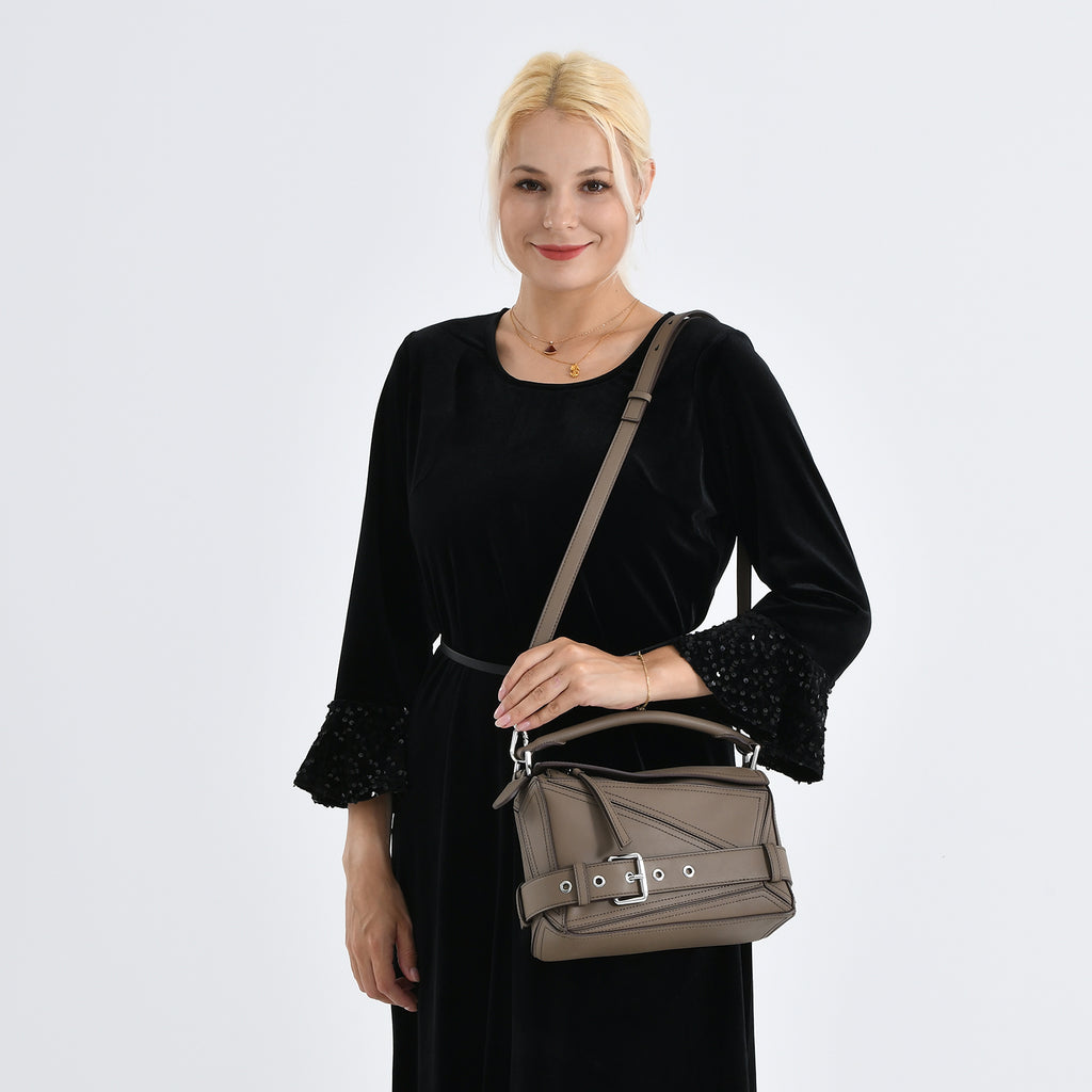 Designer Inspired Genuine Leather Geometric Panel Handbag with 2 Detachable Straps - Khaki_8377450_2