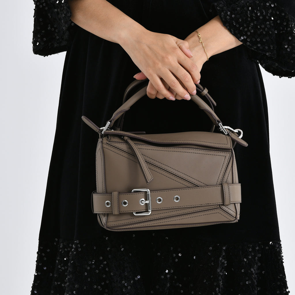 Designer Inspired Genuine Leather Geometric Panel Handbag with 2 Detachable Straps - Khaki_8377450_3