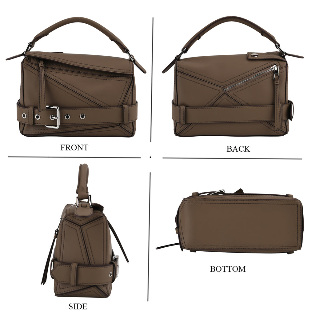 Designer Inspired Genuine Leather Geometric Panel Handbag with 2 Detachable Straps - Khaki_8377450_4