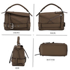 Designer Inspired Genuine Leather Geometric Panel Handbag with 2 Detachable Straps - Khaki_8377450_4
