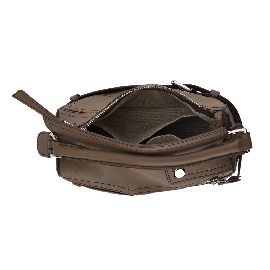 Designer Inspired Genuine Leather Geometric Panel Handbag with 2 Detachable Straps - Khaki_8377450_5
