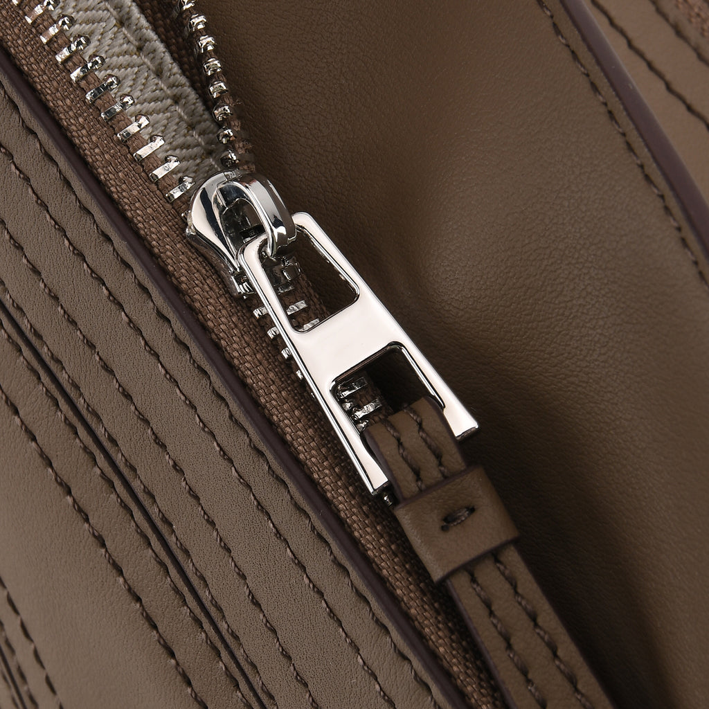 Designer Inspired Genuine Leather Geometric Panel Handbag with 2 Detachable Straps - Khaki_8377450_6