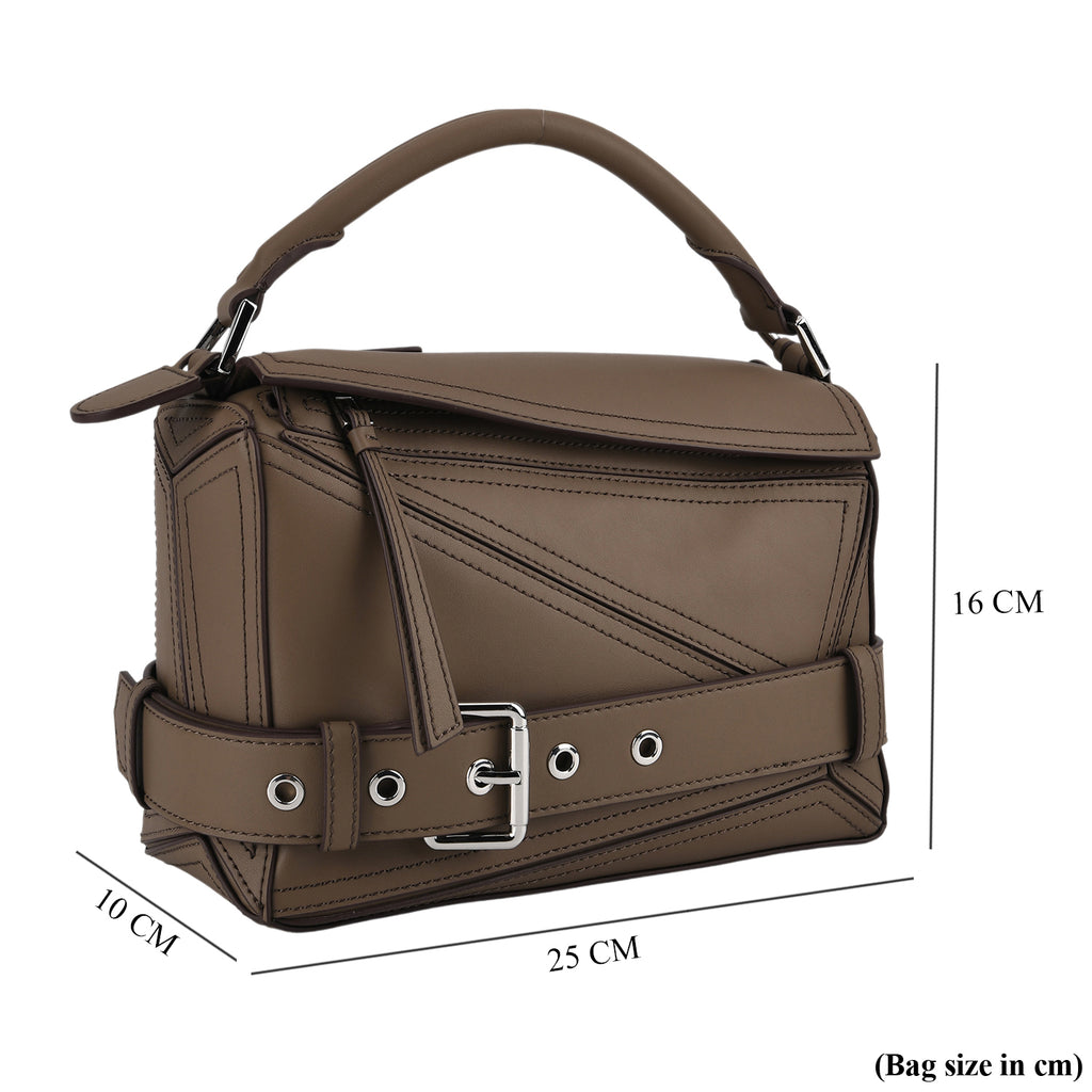 Designer Inspired Genuine Leather Geometric Panel Handbag with 2 Detachable Straps - Khaki_8377450_7