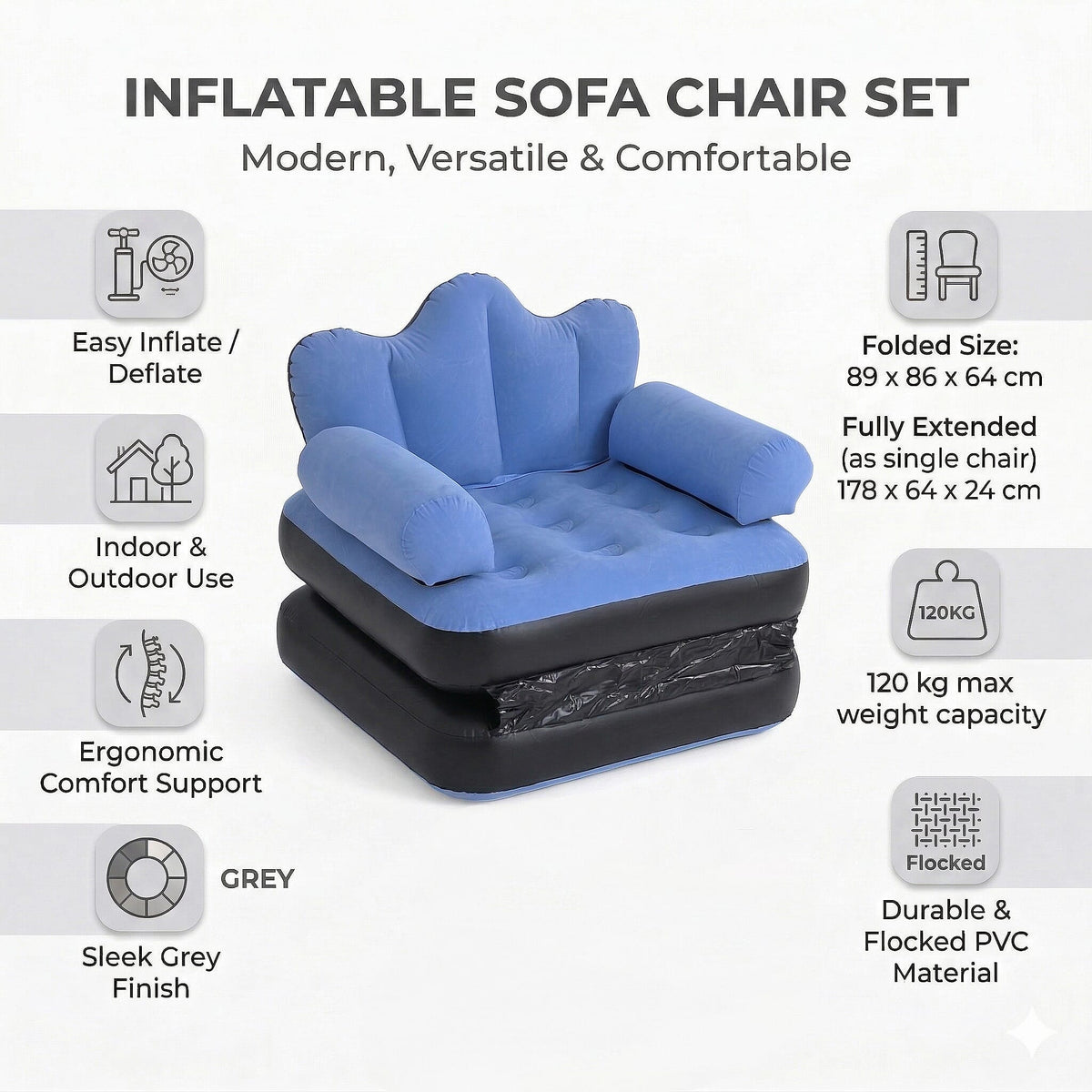 Inflatable Chair / Sofa Bed with Armrest (178 cm) - Blue V32518498 3