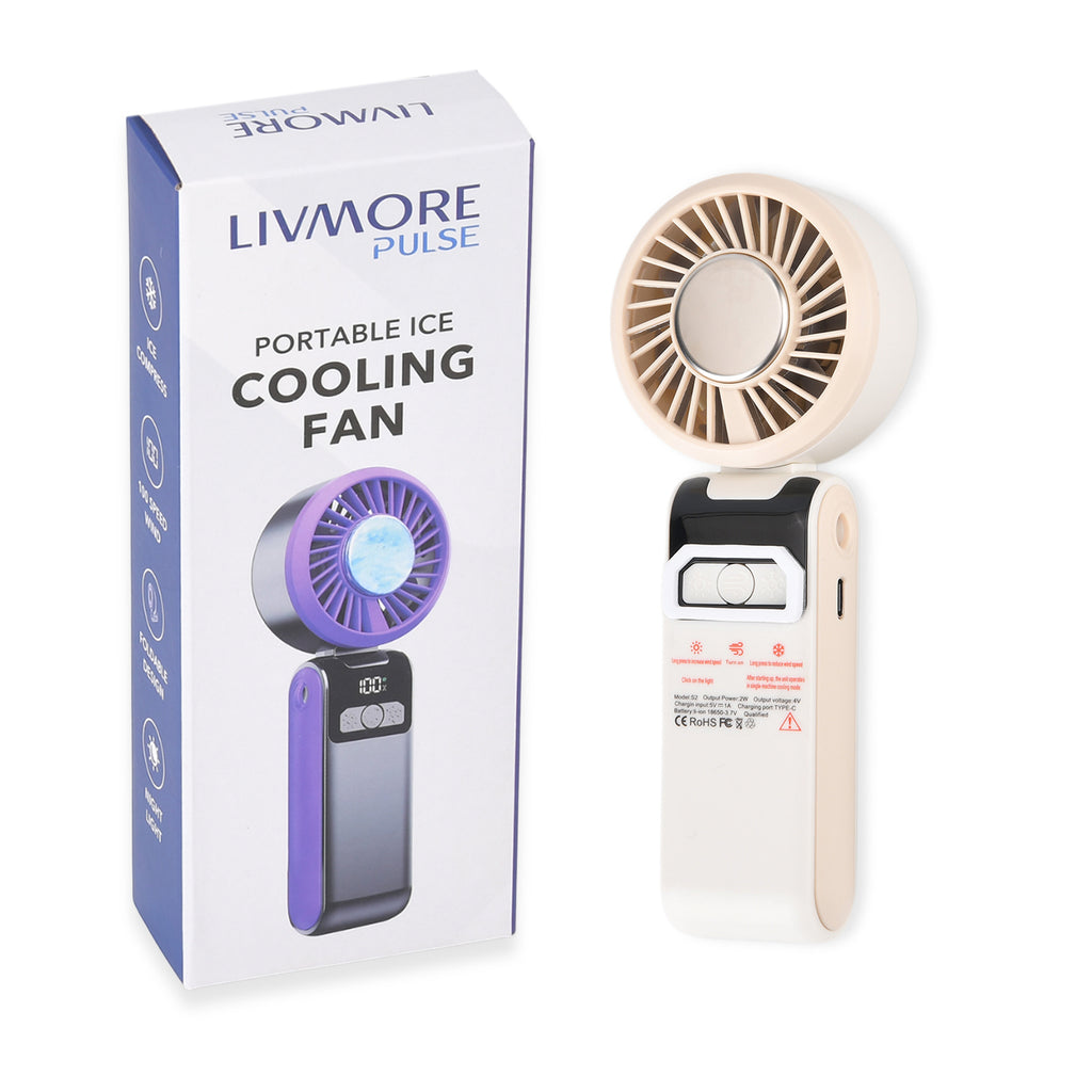 LIVMORE Portable Ice Cooling Fan - 100 Speed Rechargeable Handheld Fan with Night Light (3000mAh Battery) - Off White_8377847