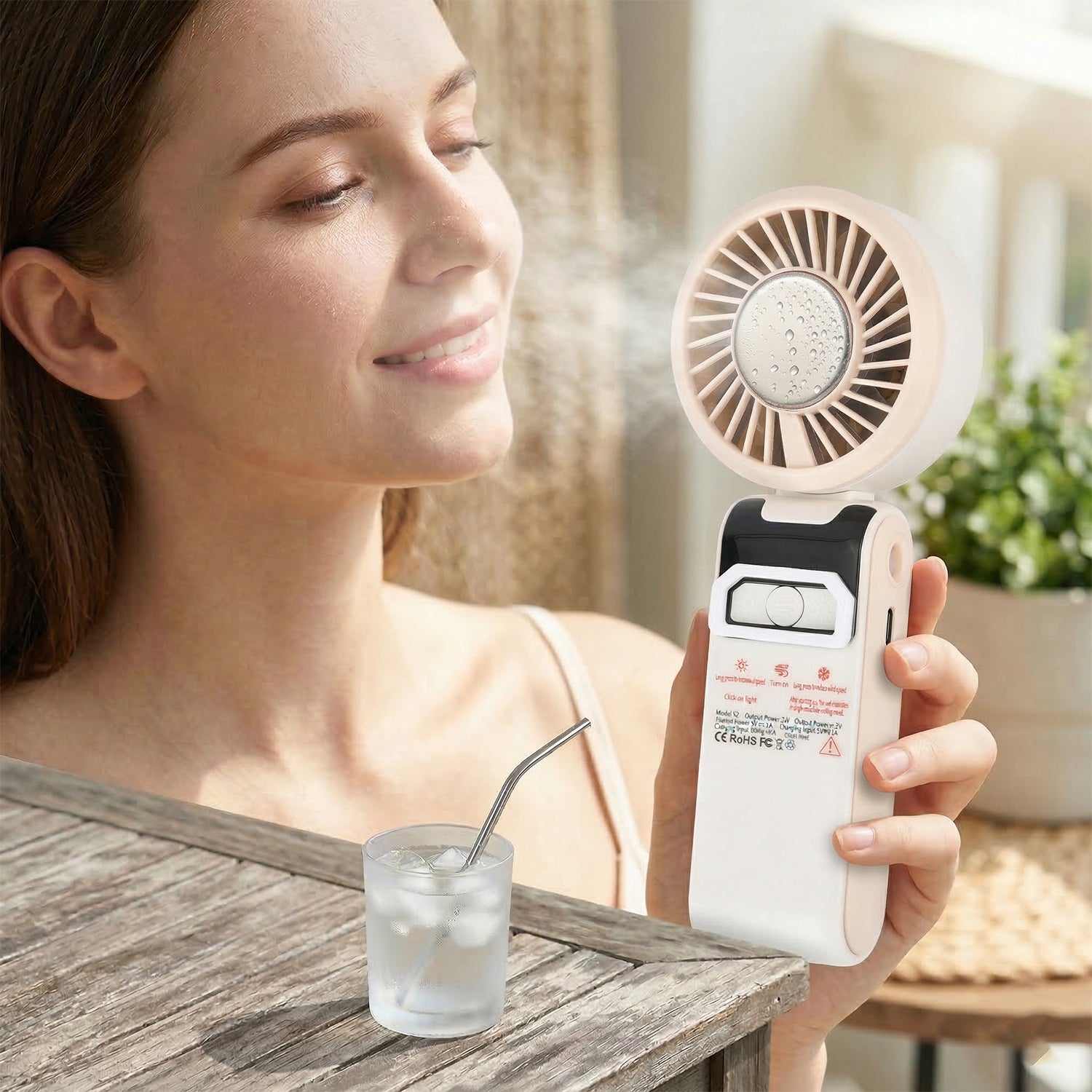 LIVMORE Portable Ice Cooling Fan - 100 Speed Rechargeable Handheld Fan with Night Light (3000mAh Battery) - Off White V32514383 2