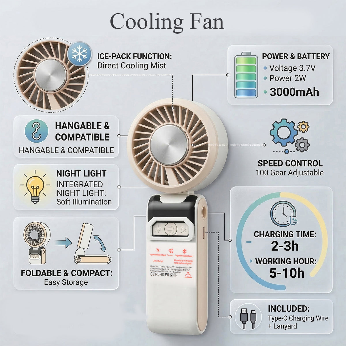 LIVMORE Portable Ice Cooling Fan - 100 Speed Rechargeable Handheld Fan with Night Light (3000mAh Battery) - Off White V32514383 3