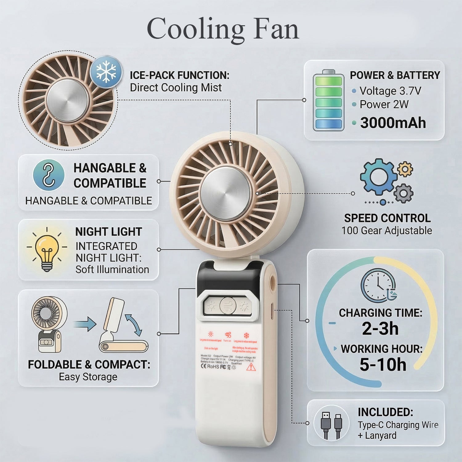 LIVMORE Portable Ice Cooling Fan - 100 Speed Rechargeable Handheld Fan with Night Light (3000mAh Battery) - Off White V32514383 3
