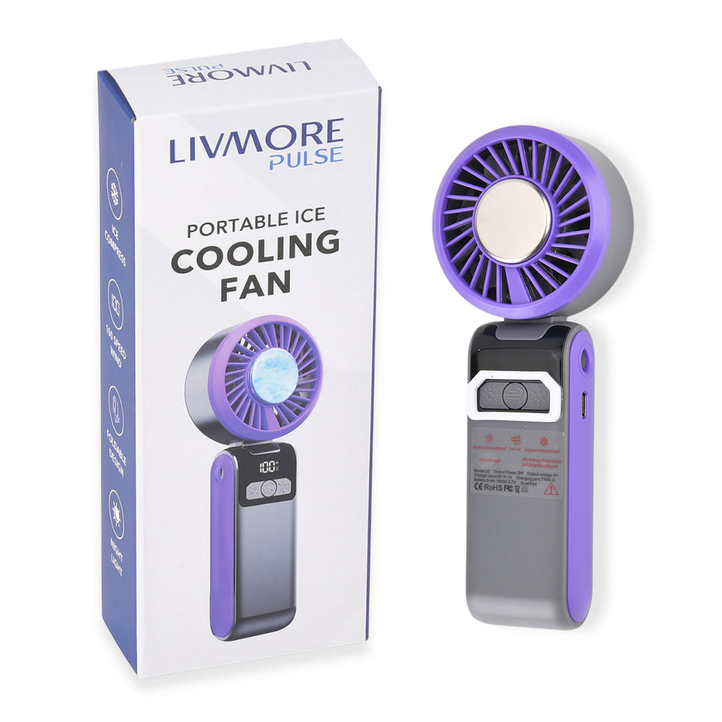 LIVMORE Portable Ice Cooling Fan - 100 Speed Rechargeable Handheld Fan with Night Light (3000mAh Battery) - Purple_8377848