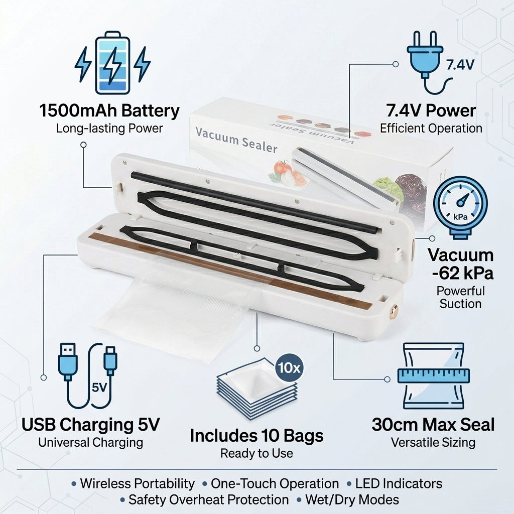 Rechargeable Wireless Vacuum Sealing Machine (1500 mAh) with 10 Bags - White 8377868 6
