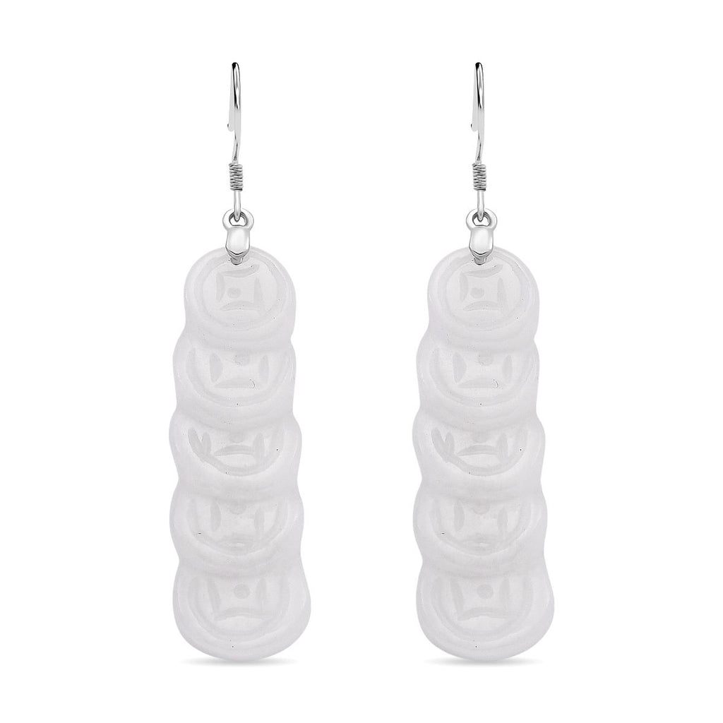 Natural Type A - White Jadeite Jade Money Coin Earring in Rhodium Overlay Sterling Silver 55.00 Ct._8378336