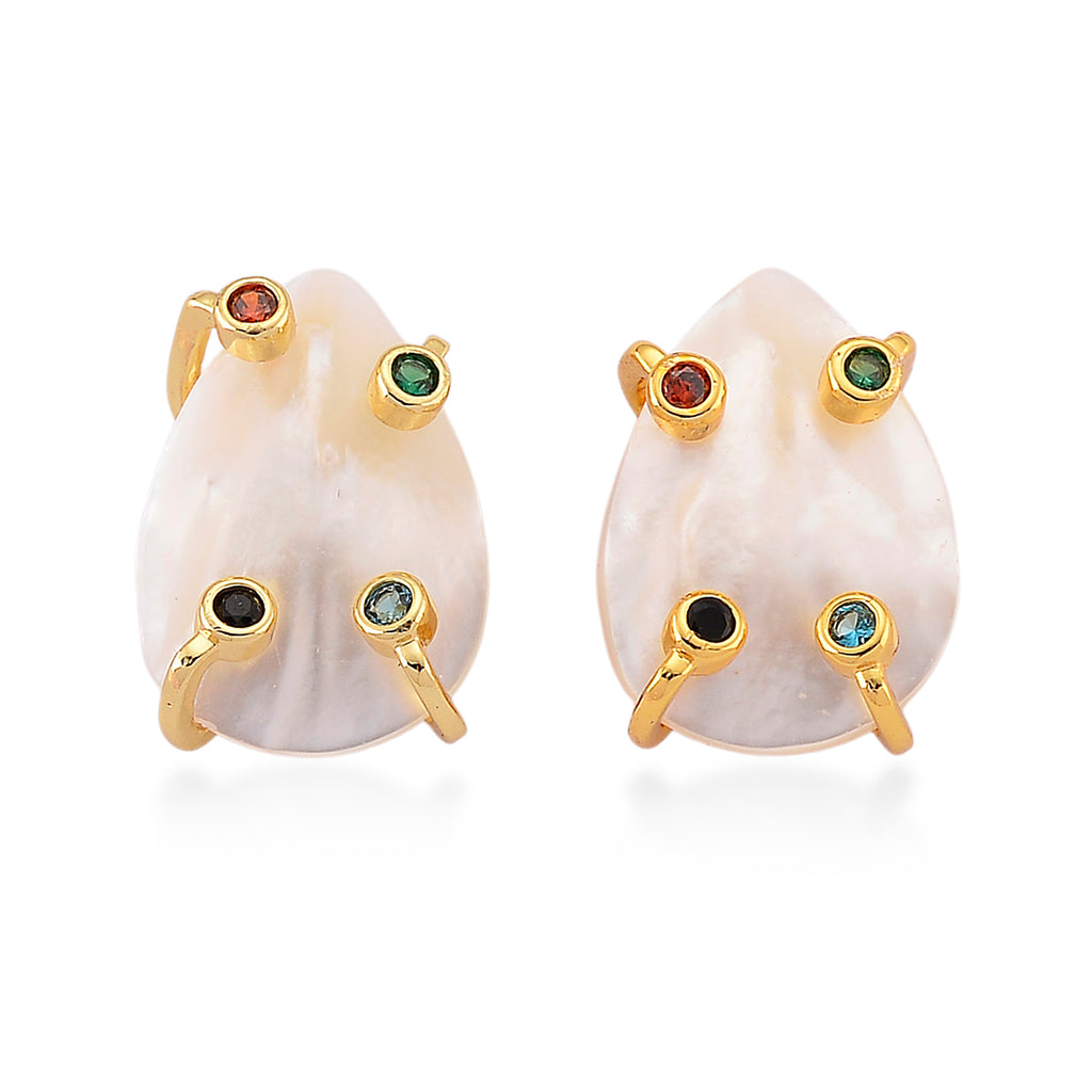 White Keshi Shell Pearl & Multi Color Cubic Zirconia Beads Earring with Push Back 15.00 Ct._8378694_3