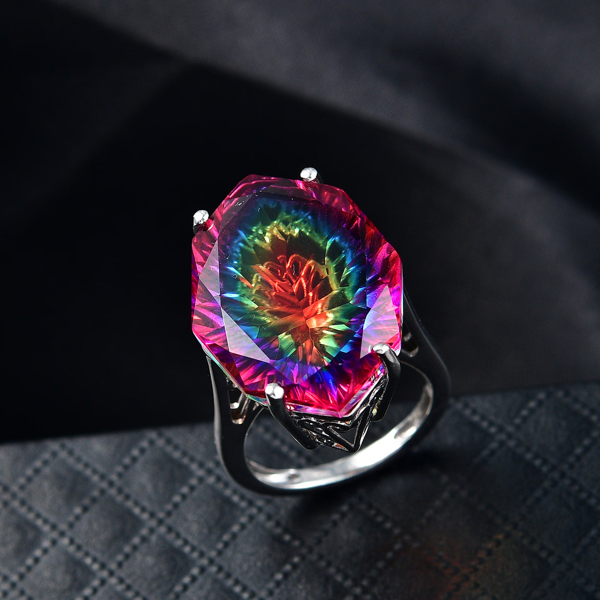 D'Joy Nebula Quartz Doublet Solitaire Ring in Rhodium Overlay Sterling Silver 21.84 Ct. V32520474 2