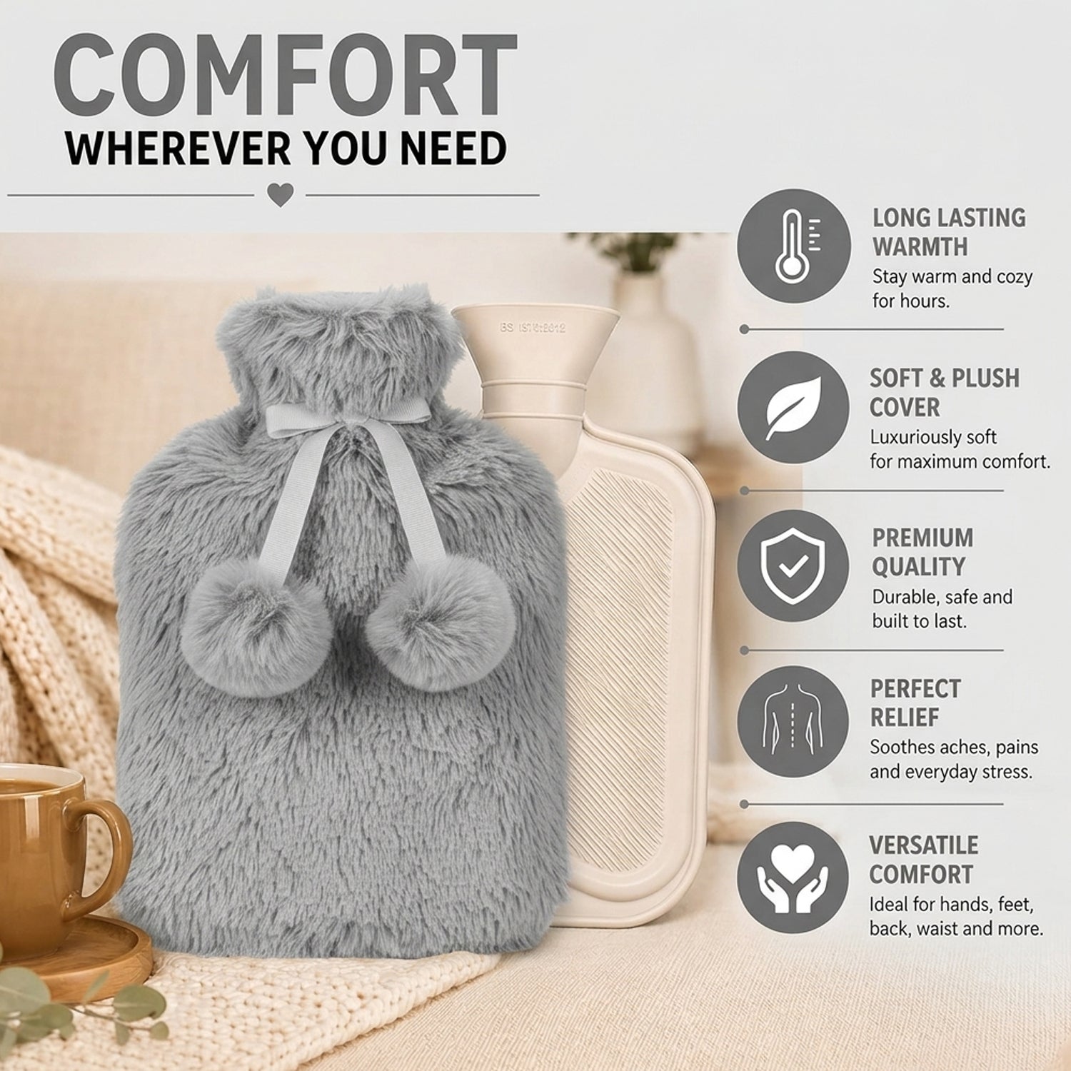 Topped Faux Fur Hot Water Bottle (2L) - Grey V32515113 1
