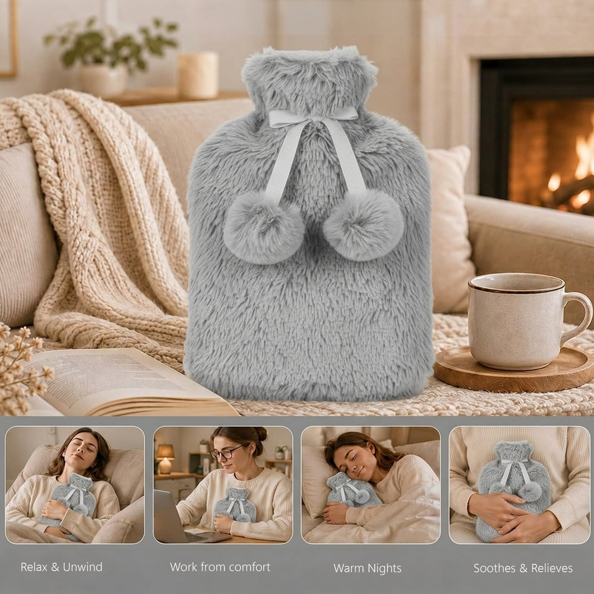 Topped Faux Fur Hot Water Bottle (2L) - Grey V32515113 4
