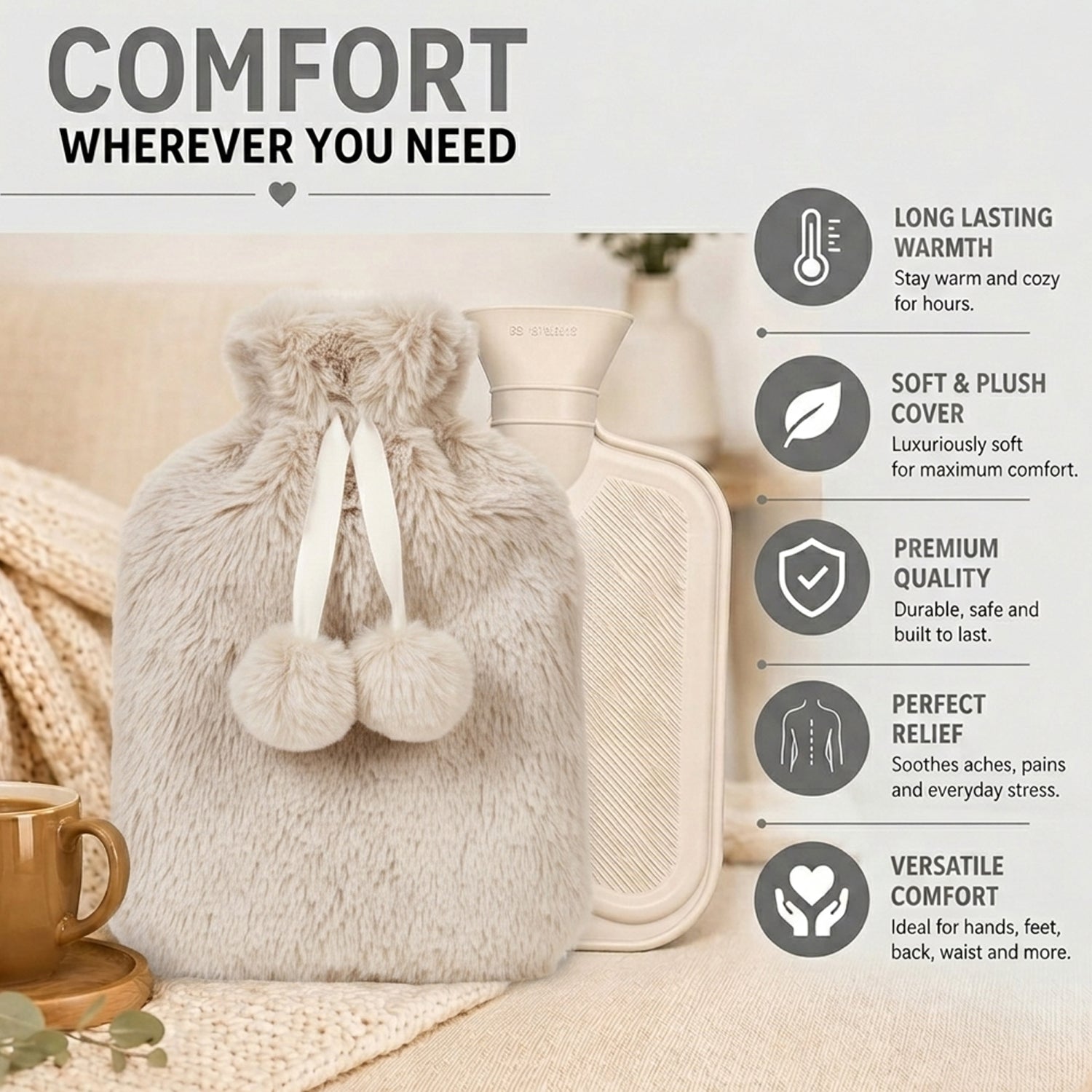 Topped Faux Fur Hot Water Bottle (2L) - Cream V32491133 1