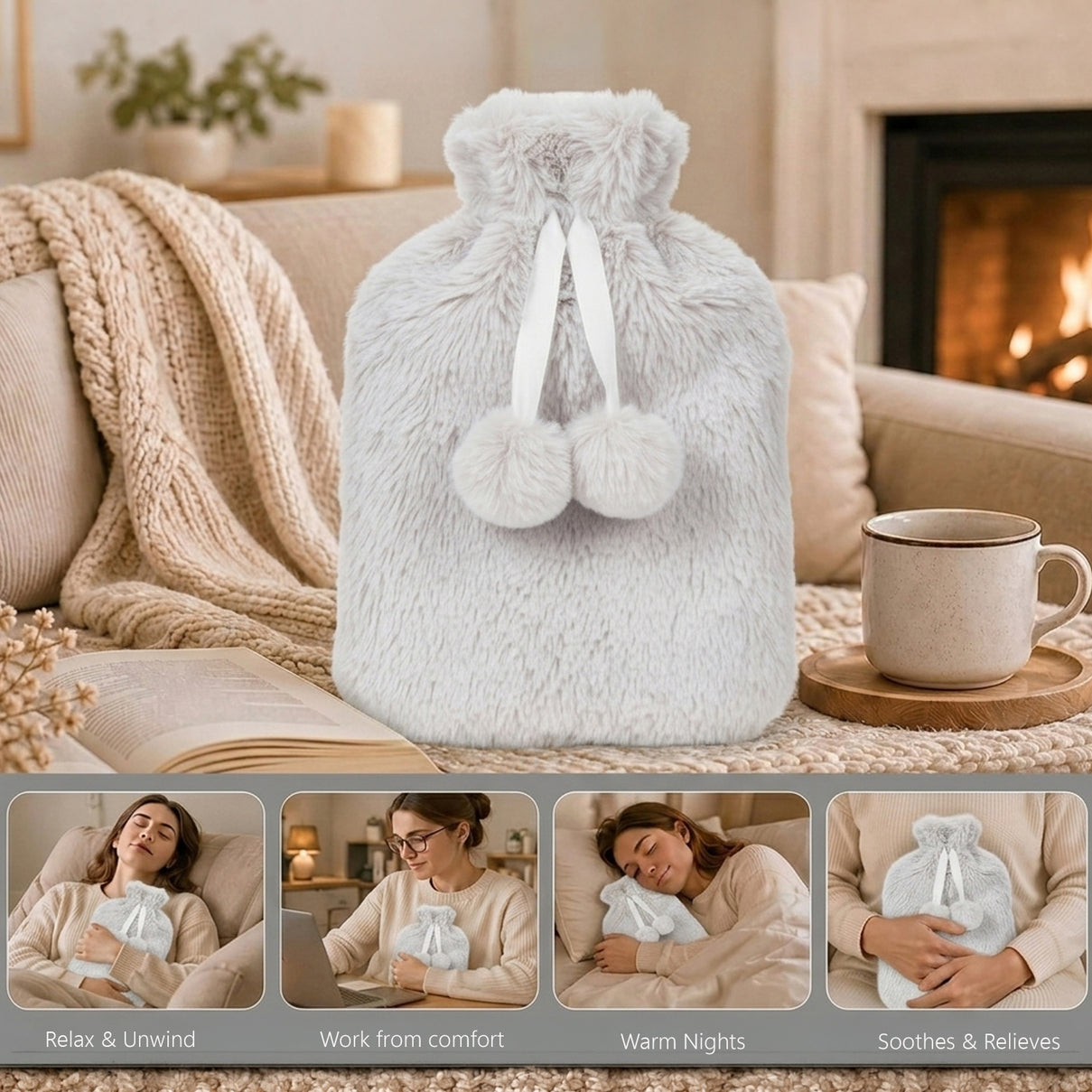 Topped Faux Fur Hot Water Bottle (2L) - Cream V32491133 2