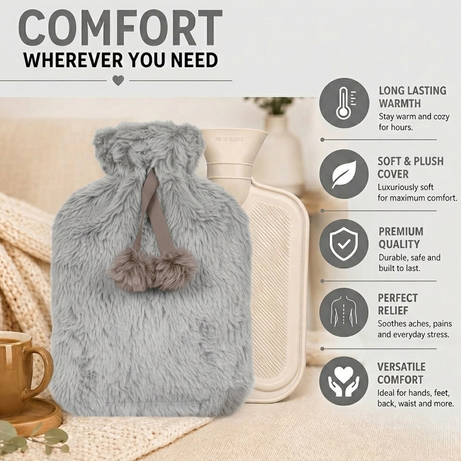 Topped Faux Fur Hot Water Bottle (2L) - Light Grey V32515104 1