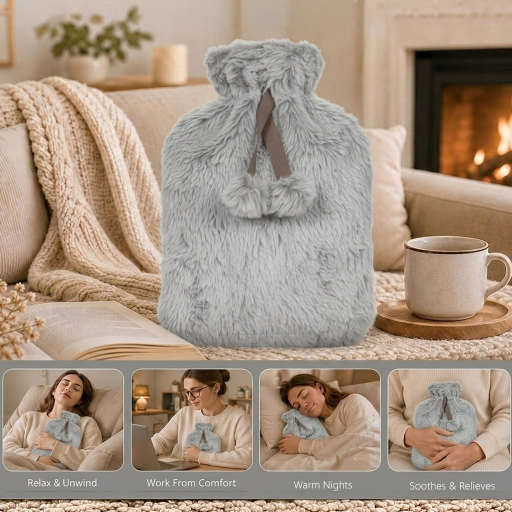Topped Faux Fur Hot Water Bottle (2L) - Light Grey_8379253_3