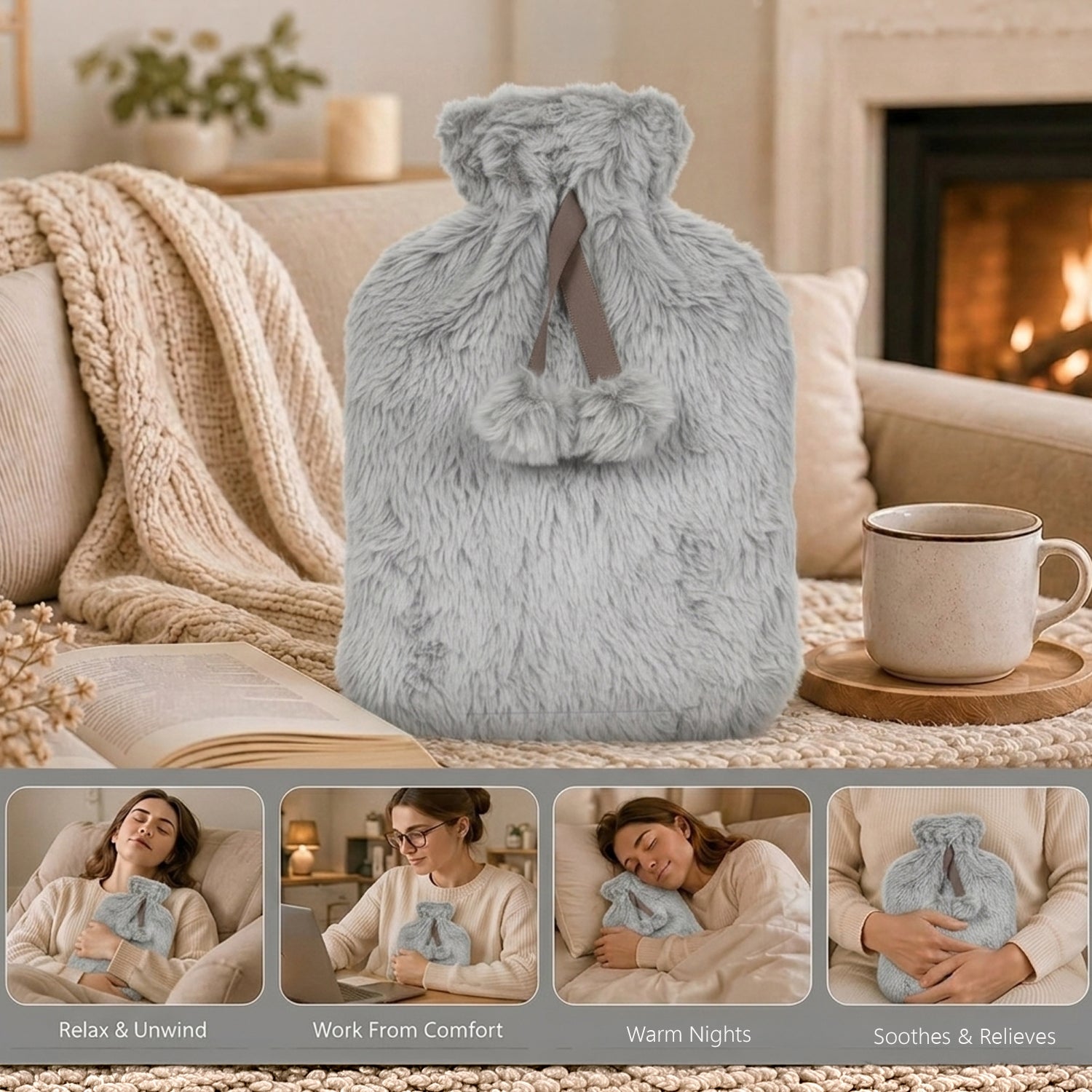 Topped Faux Fur Hot Water Bottle (2L) - Light Grey V32515104 3