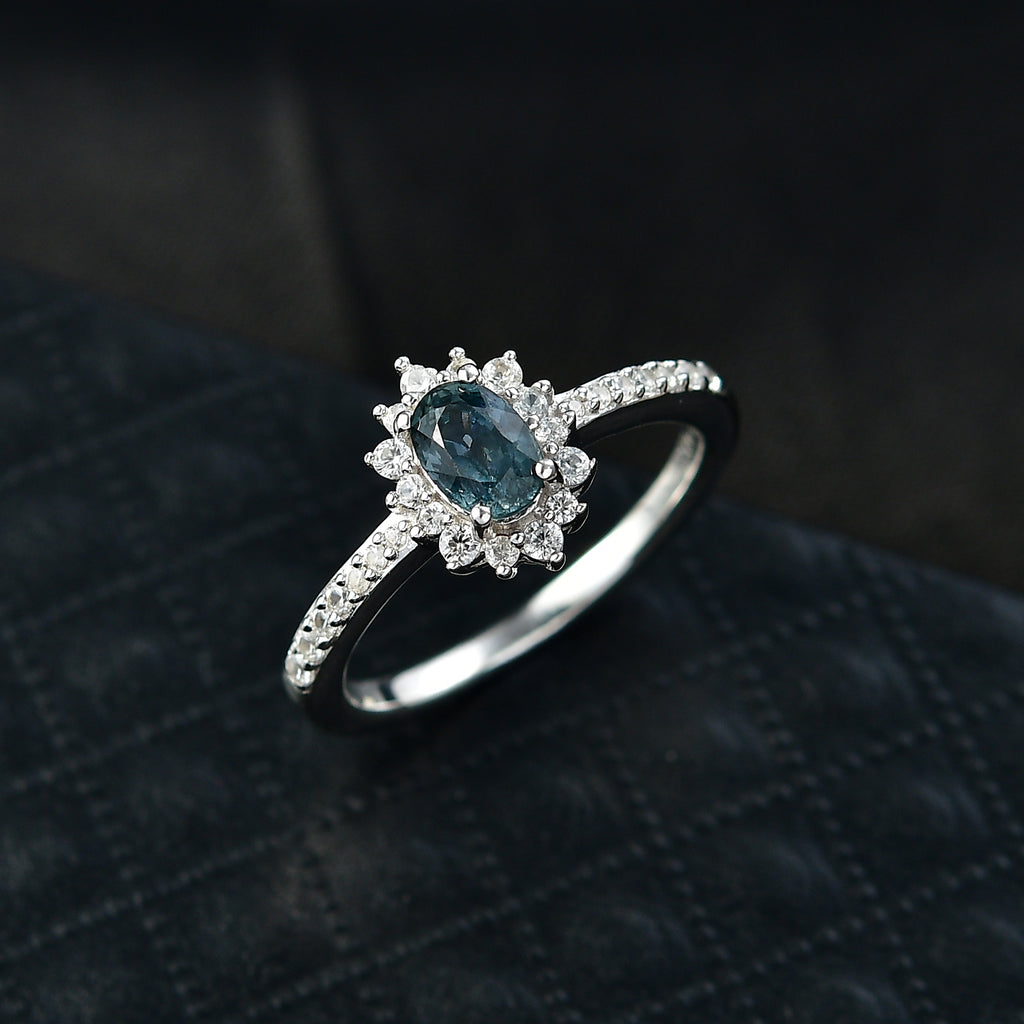 D'Joy Natural Parti Sapphire & White Zircon Cluster Ring in Rhodium Overlay Sterling Silver 1.16 Ct._8380116_1