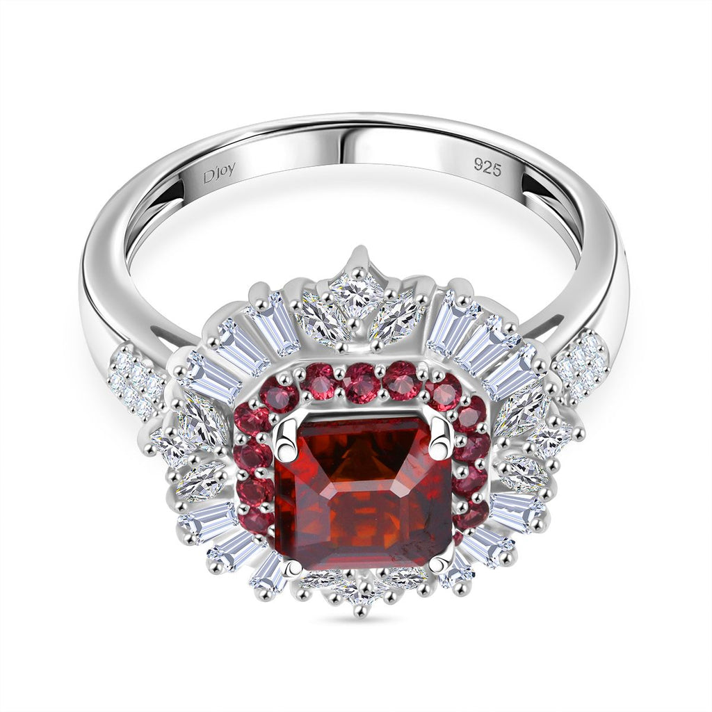 D'Joy - Sunset Zircon, Red Sapphire & White Zircon Halo Ring in Rhodium Overlay Sterling Silver 4.60 Ct._8380157
