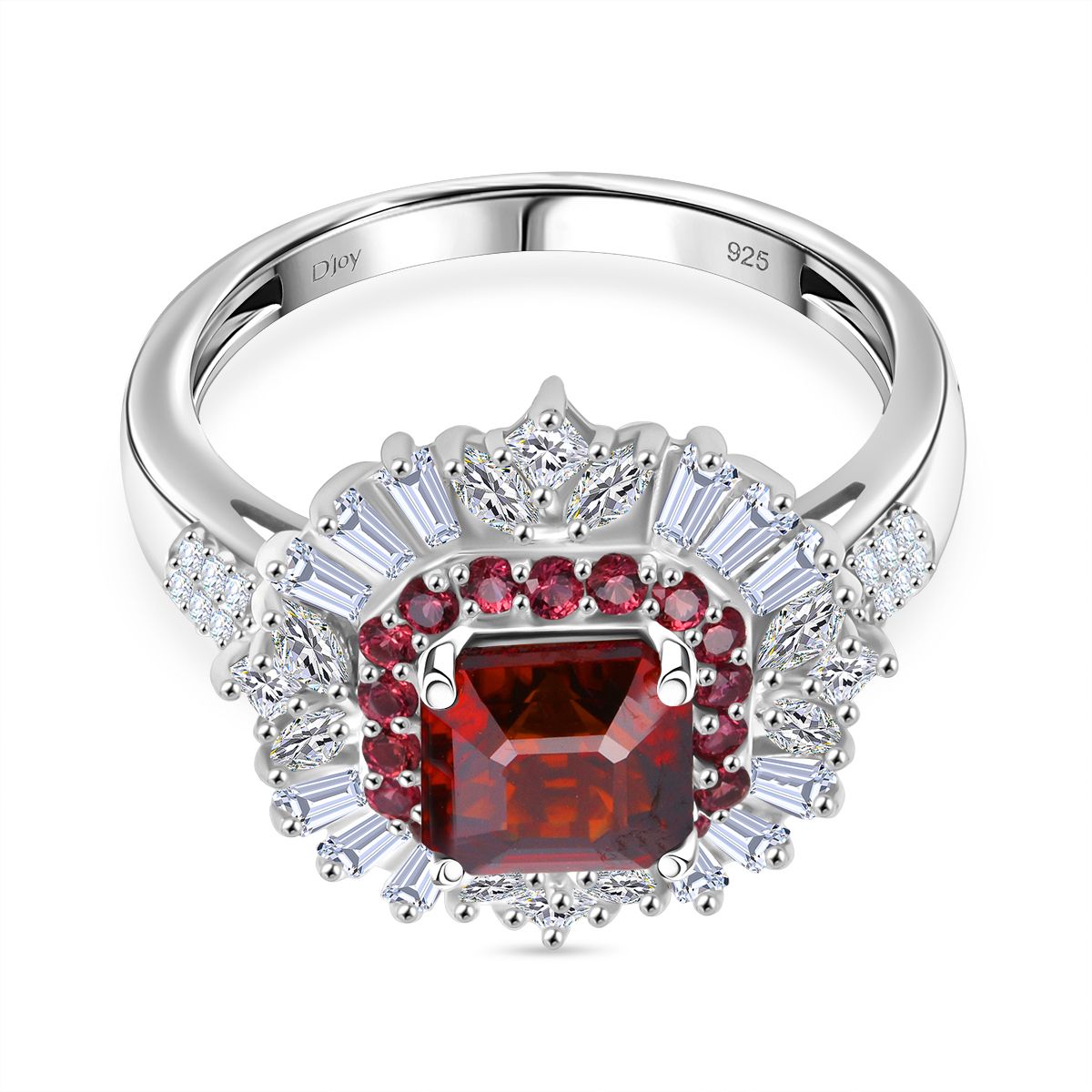 D'Joy - Sunset Zircon, Red Sapphire &amp; White Zircon Halo Ring in Rhodium Overlay Sterling Silver 4.60 Ct. V32524135 0