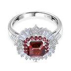 D'Joy - Sunset Zircon, Red Sapphire & White Zircon Halo Ring in Rhodium Overlay Sterling Silver 4.60 Ct._8380157