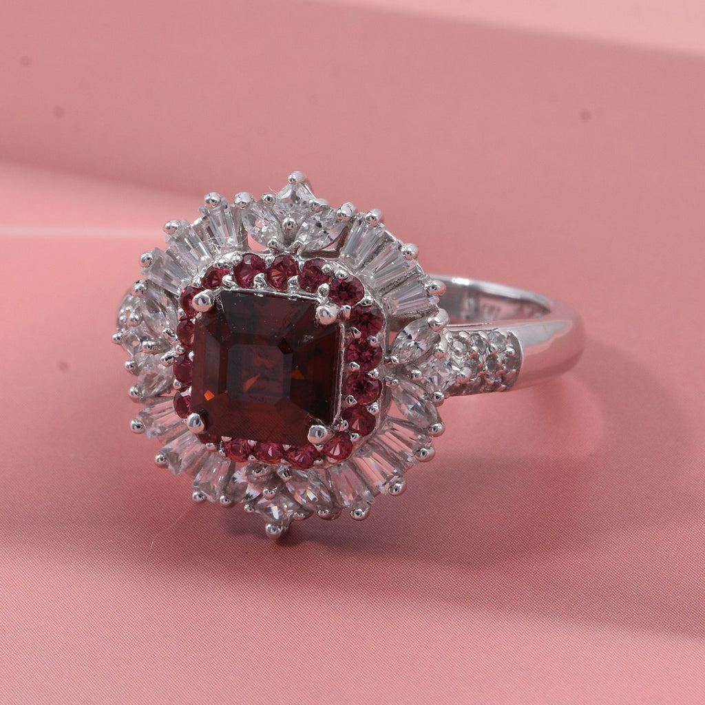 D'Joy - Sunset Zircon, Red Sapphire & White Zircon Halo Ring in Rhodium Overlay Sterling Silver 4.60 Ct._8380157_1